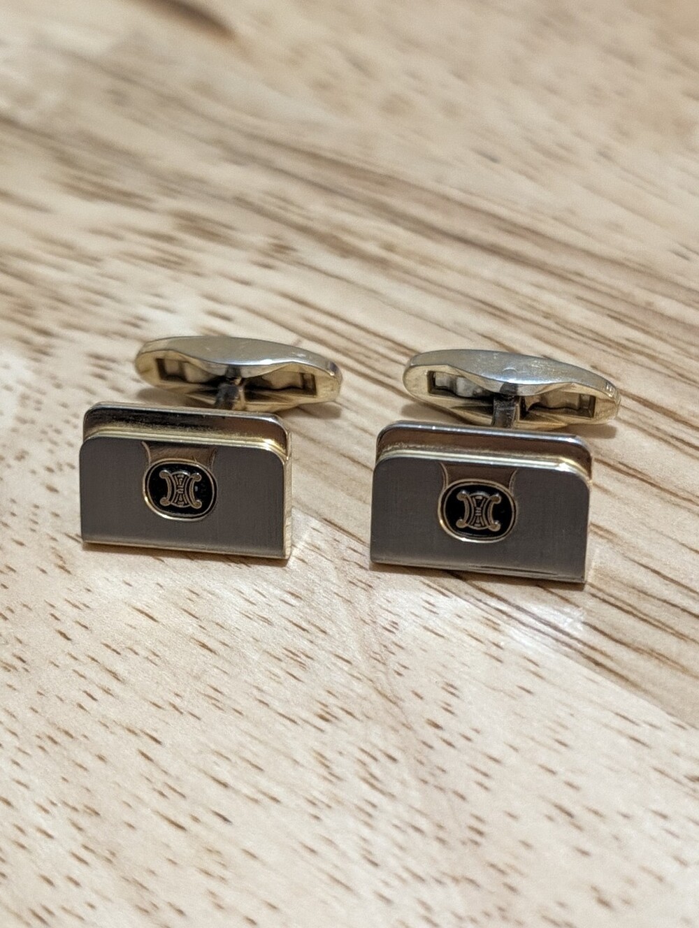 Vintage Celine Silver Tone Cufflinks Black Enamel Triomphe Logo